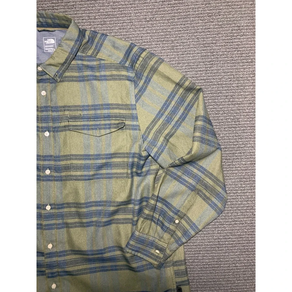 Men North Face Green Long Sleeve Approach Flannel Button Stripe Shirt XXL